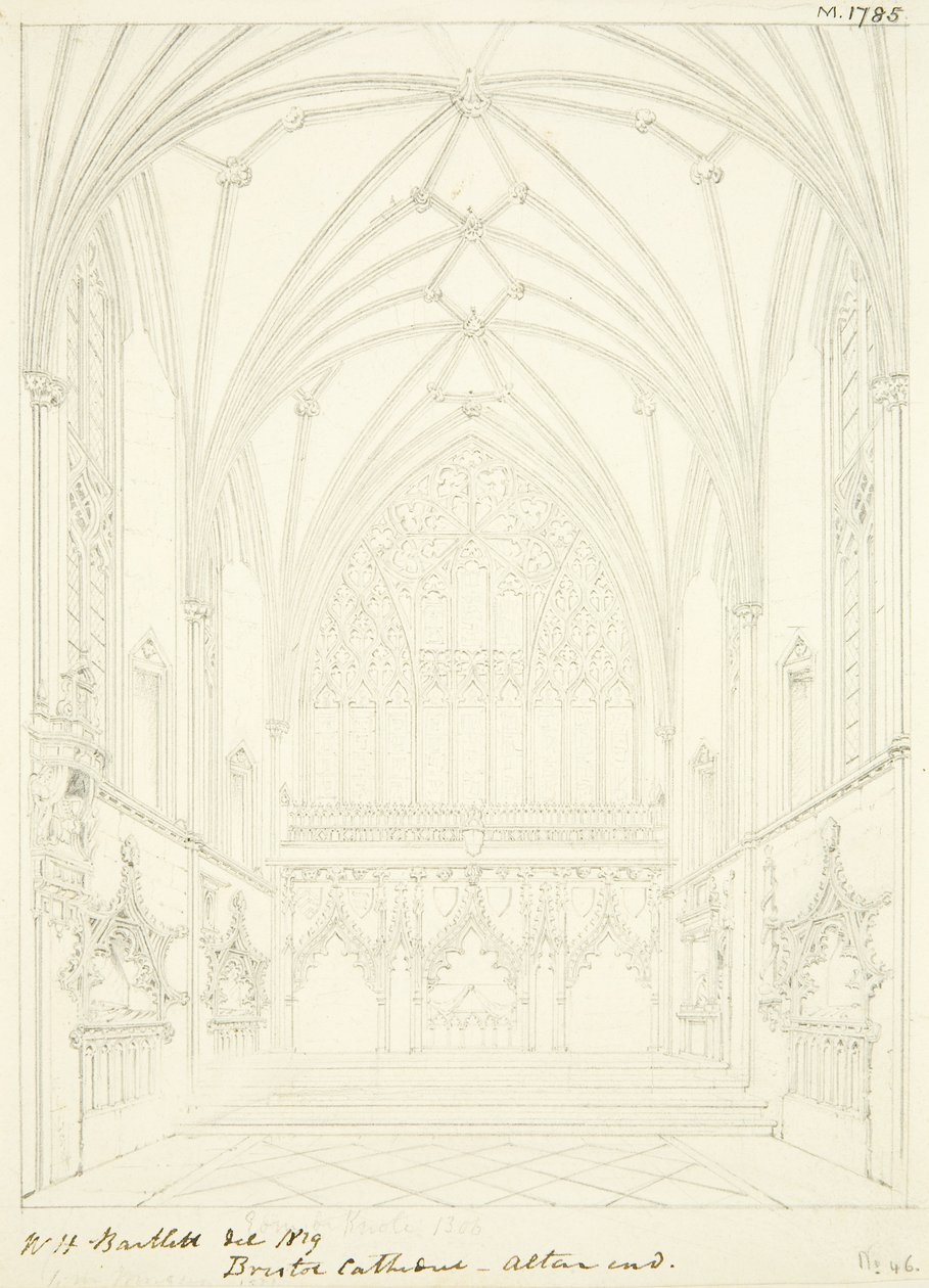 Lady Chapel of Bristol Cathedral ser mod øst (blyant og akvarel på papir) af William Henry Bartlett
