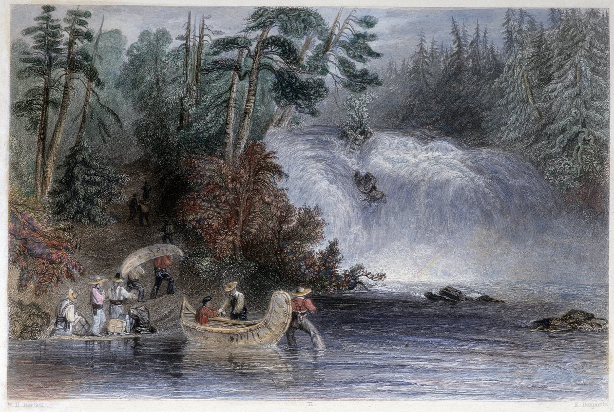 Mænd iført kanoer ved passage af en strøm af bosættere - i "" canadisk sceneri illustreret" af W.H. Bartlett, London af William Henry Bartlett