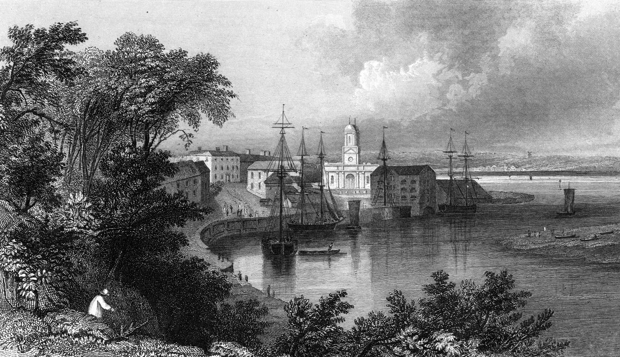 Mistley Quay, nær Harwich, Essex, indgraveret af John Rogers, 1832 af William Henry Bartlett