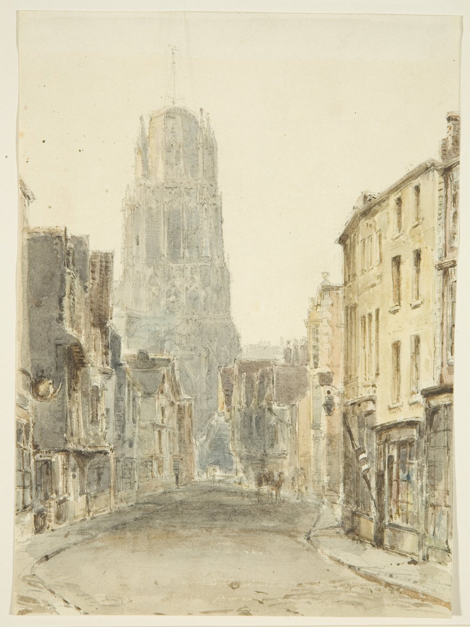 Nordlig udsigt over St Mary Redcliffe Church fra Redcliffe Street, ca. 1825 (blyant og akvarel på papir) af William Henry Bartlett