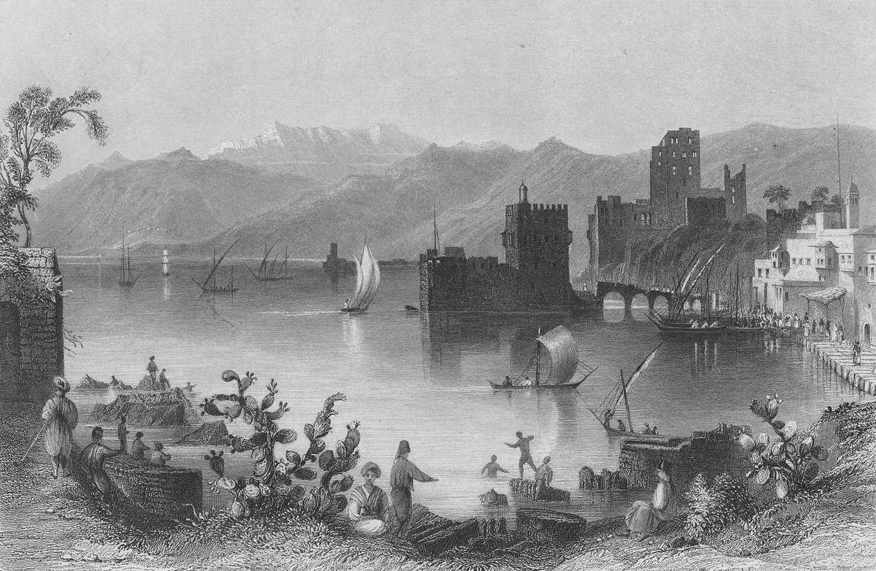 Havnen i Beirout, det gamle Berothai, graveret af J. Appleton af William Henry Bartlett