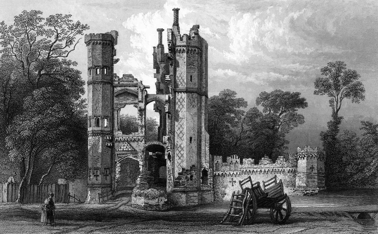 Rester af Nether Hall, nær Harlow, Essex, indgraveret af John Rogers, ca. 1832 (gravering) af William Henry Bartlett