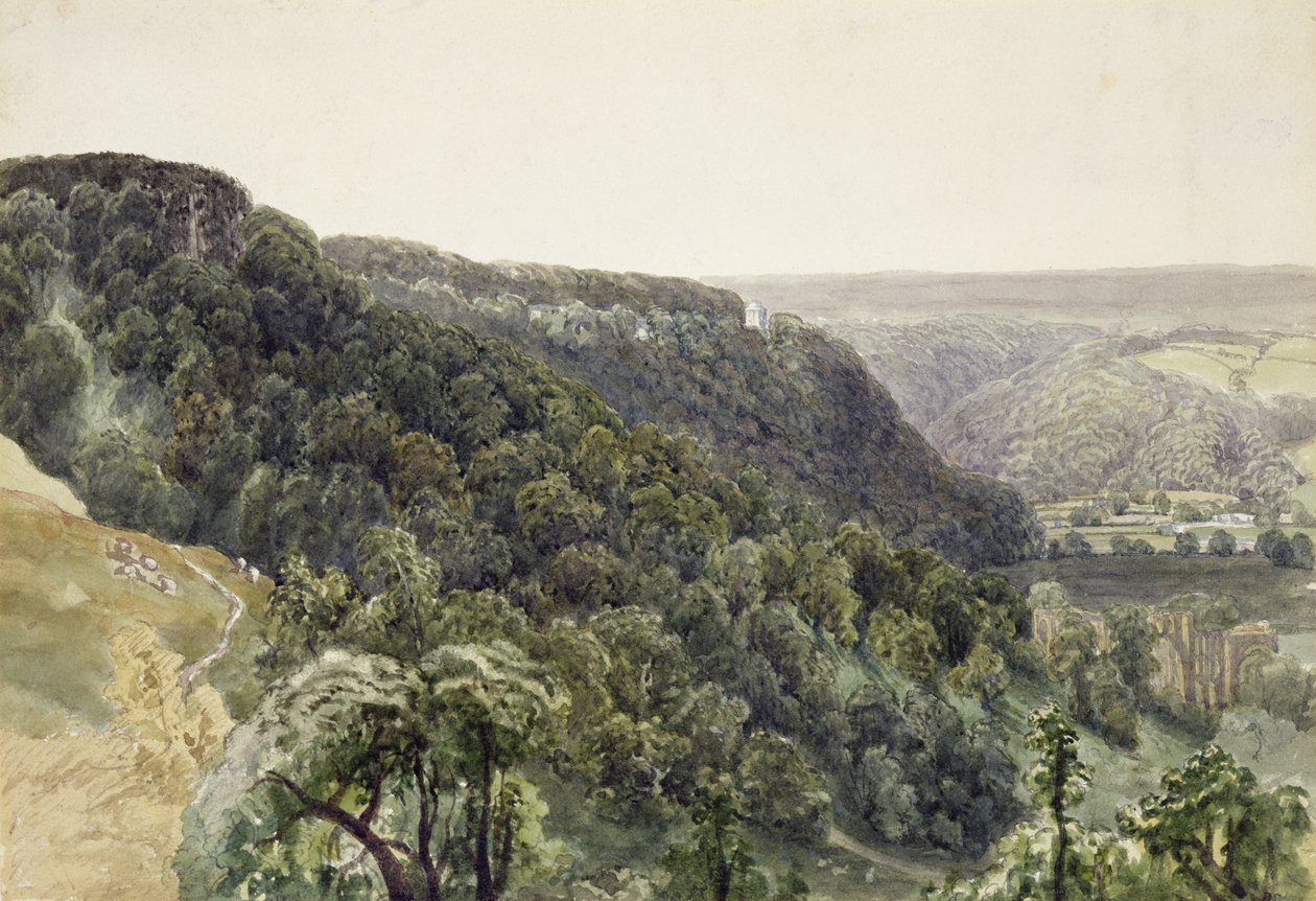 Rievaulx Abbey fra Vesten (akvarel og blyant på papir) af William Henry Bartlett