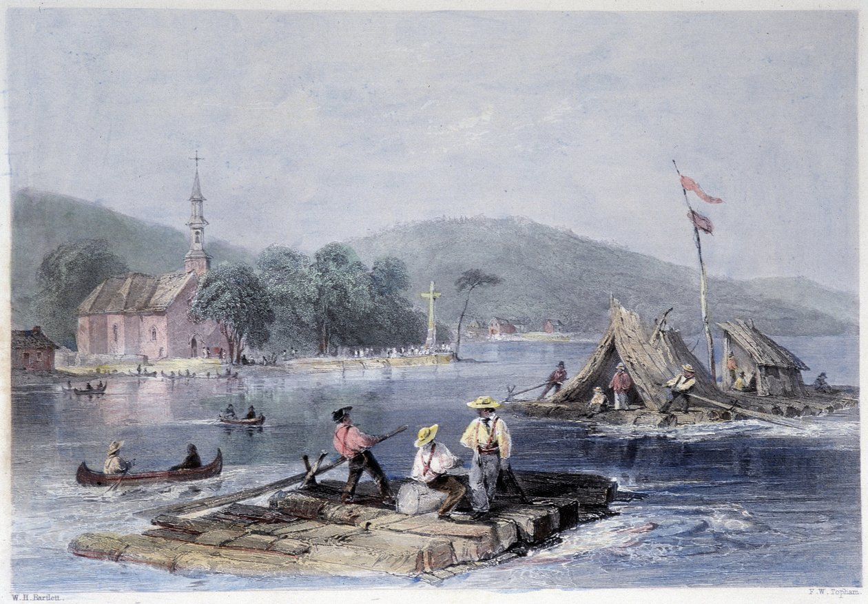 Nybyggerflåder og transport af træ på søen af de to bjerge - i "" canadisk landskab illustreret" af Bartlett W. H. af William Henry Bartlett