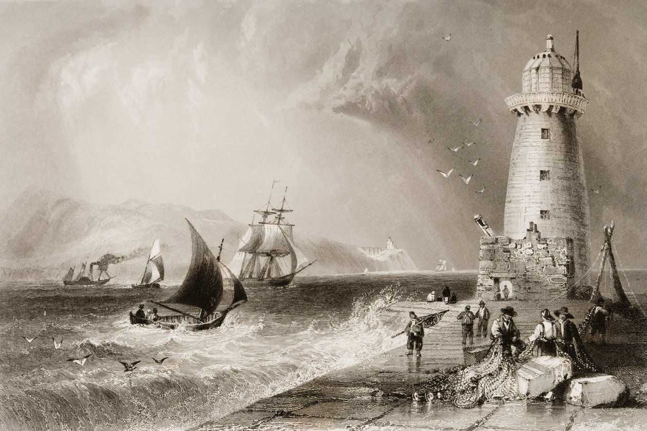 South Wall Lighthouse med Howth Hill i det fjerne, Dublin, fra 