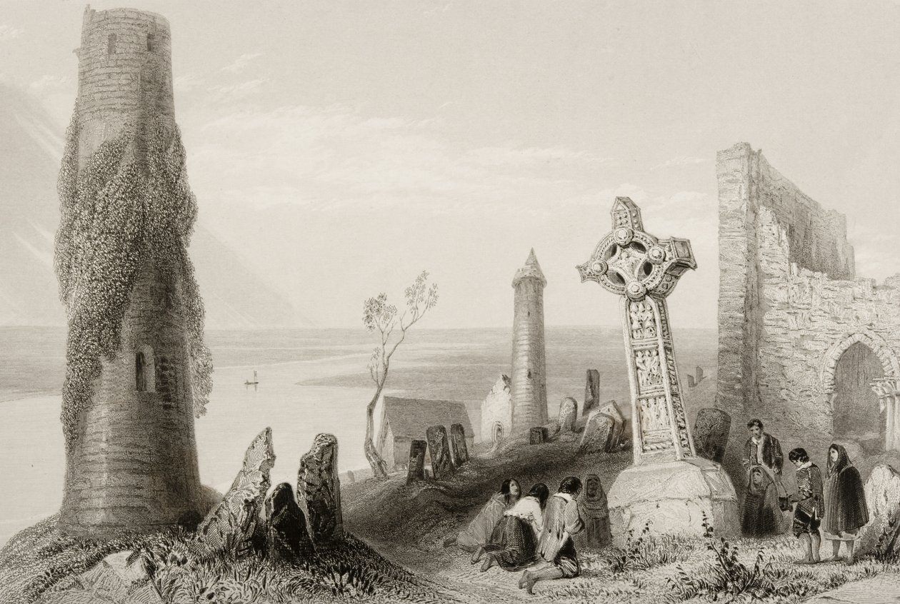 Det gamle kors og det runde tårn i Clonmacnois, County Offaly, Irland, fra 