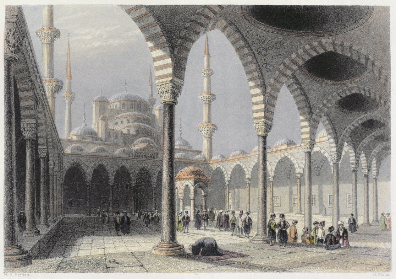 Hof i Sultan Achmets moske, Istanbul, indgraveret af S. Fisher, ca. 1850 (akvatint) af William Henry Bartlett