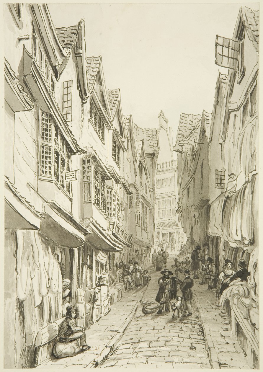 The Pithay (pen & blæk vask på papir) af William Henry Bartlett