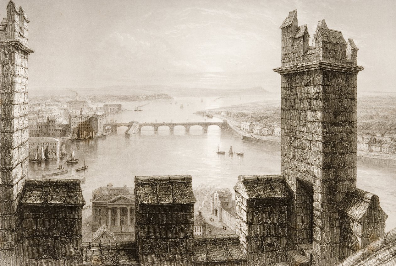 Floden Shannon og Limerick fra Cathedral Tower, Limerick County, fra "Scenery and Antiquities of Ireland" af George Virtue, 1860