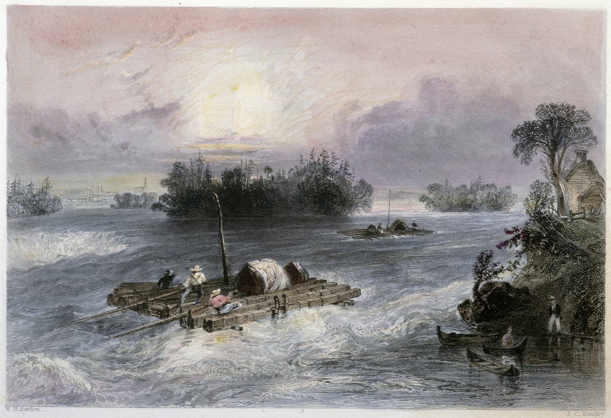 Transport af træ og vandfald til landsbyen Cedars - i "" canadisk landskab illustreret" af Bartlett W. H. af William Henry Bartlett