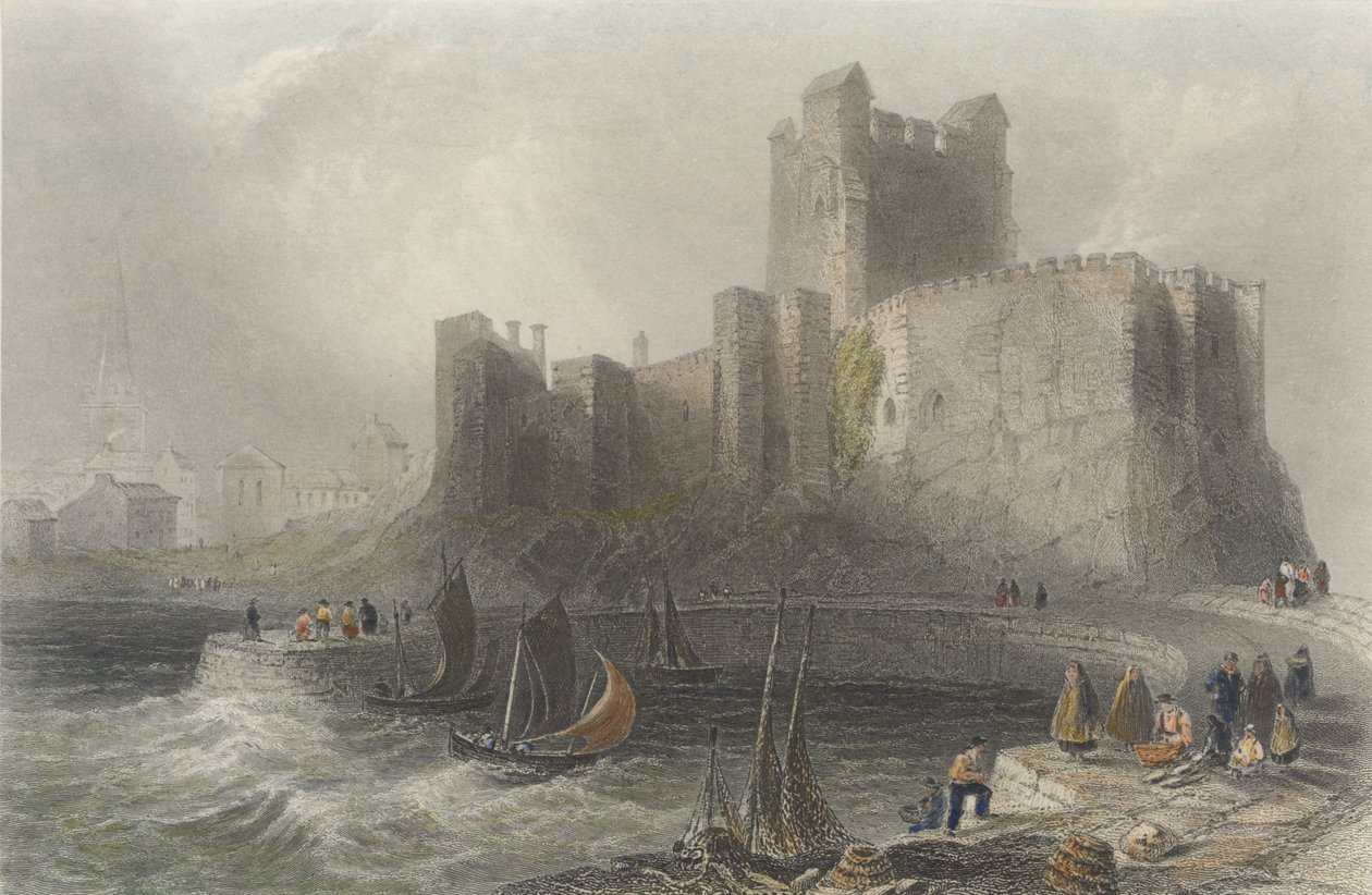 Udsigt over Carrickfergus Castle (farvegravering) af William Henry Bartlett