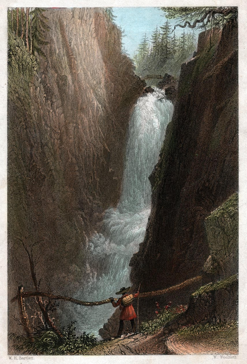 Vandfald i Aar, i Aar Gotthard-massivet, schweiziske alper. omkring 1850 (gravering) af William Henry Bartlett