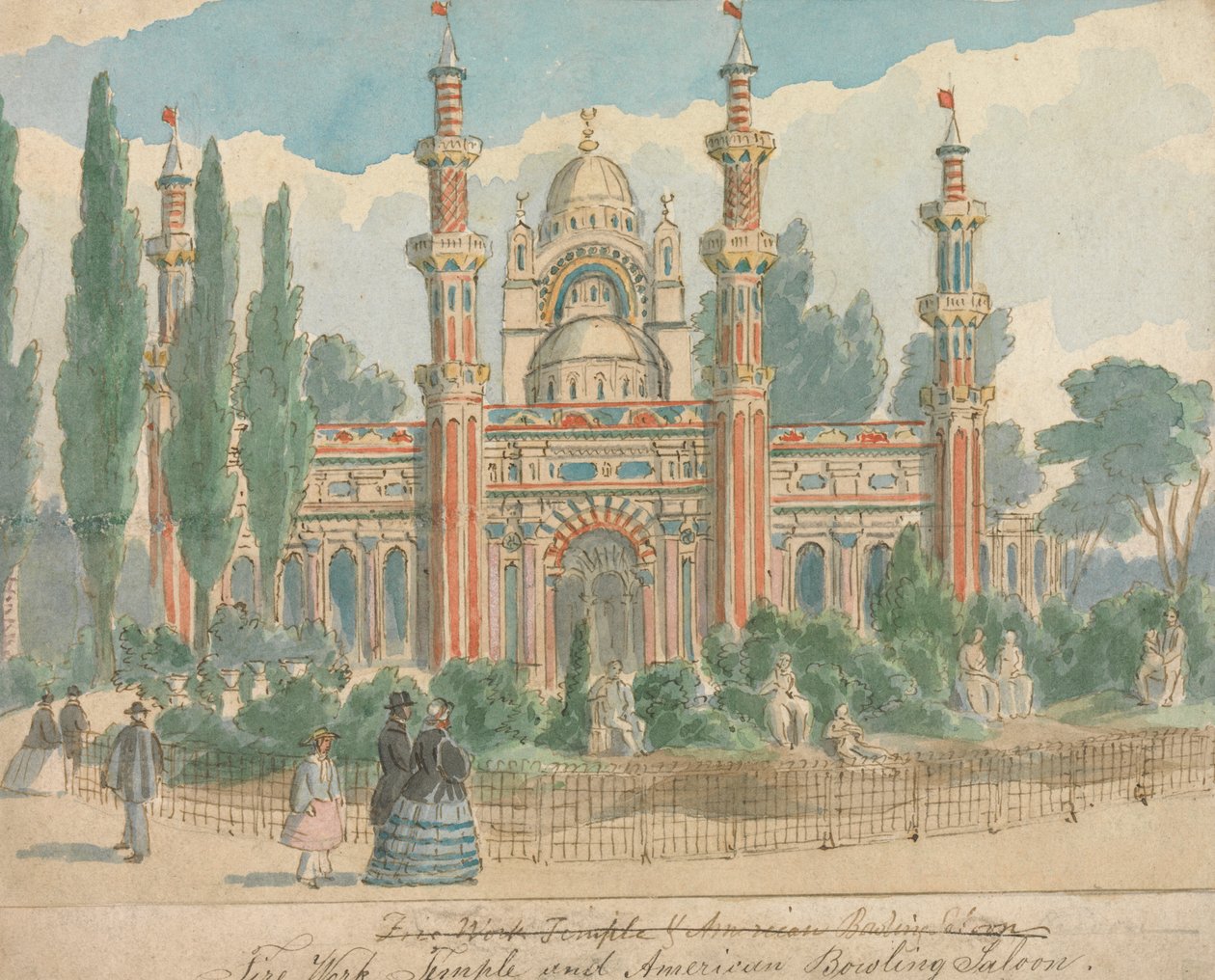 Fyrværkeri Temple og American Building Saloon af William Henry Brooke