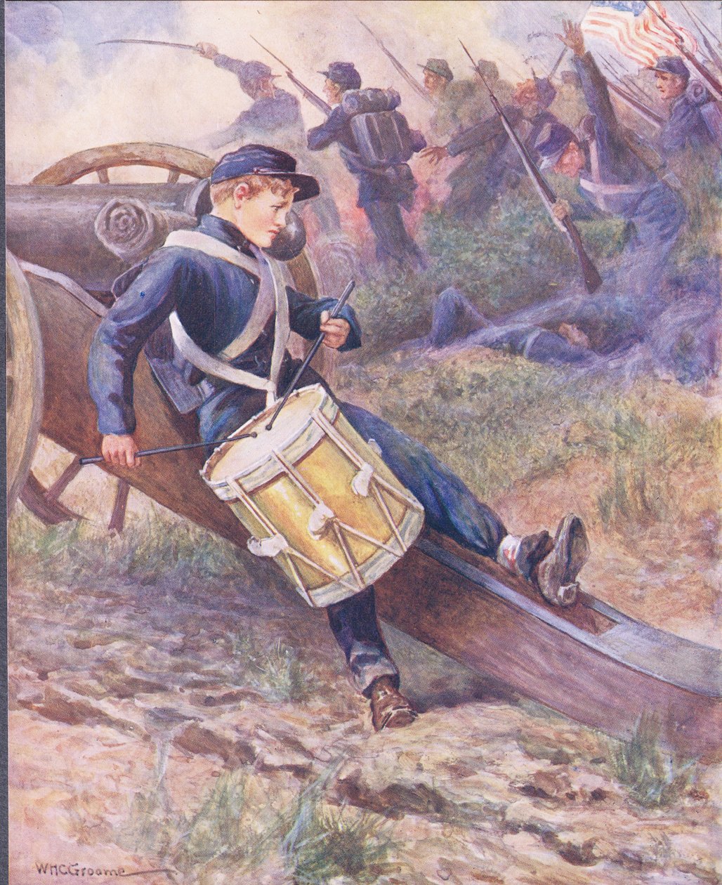 Han kravlede bag en kanon og blev bleg og blegere, illustration fra 