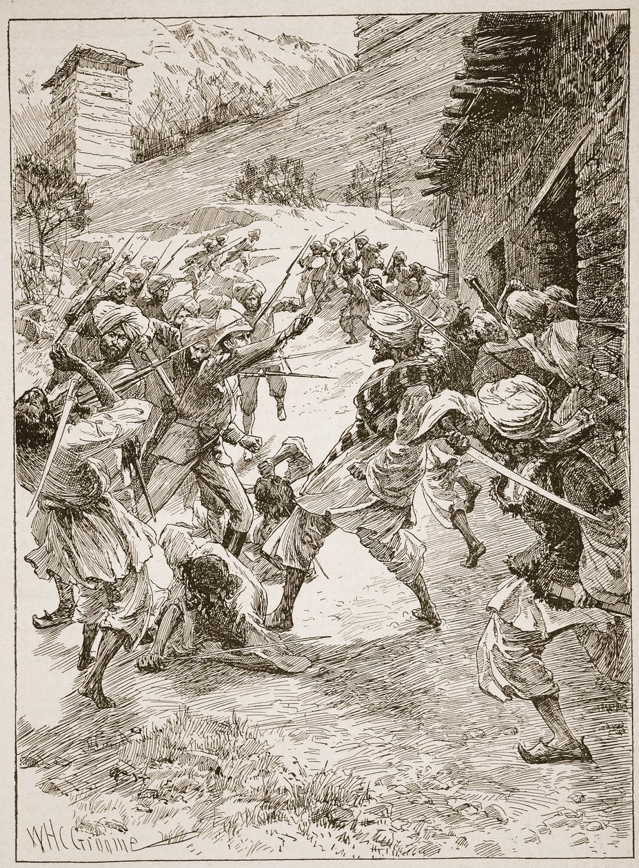 Løjtnant Harley, i spidsen for fyrre sikher og tres kashmirere, styrtede huset over minens munding, illustration fra "Battles of the Nineteenth Century" af Archibald Forbes, G.A. Henty an af William Henry Charles Groome
