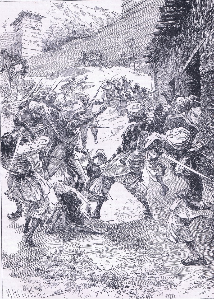 Løjtnant Harley leder sorten fra Fort Chitral, illustration fra Cassells History of England, 1900-tallet af William Henry Charles Groome