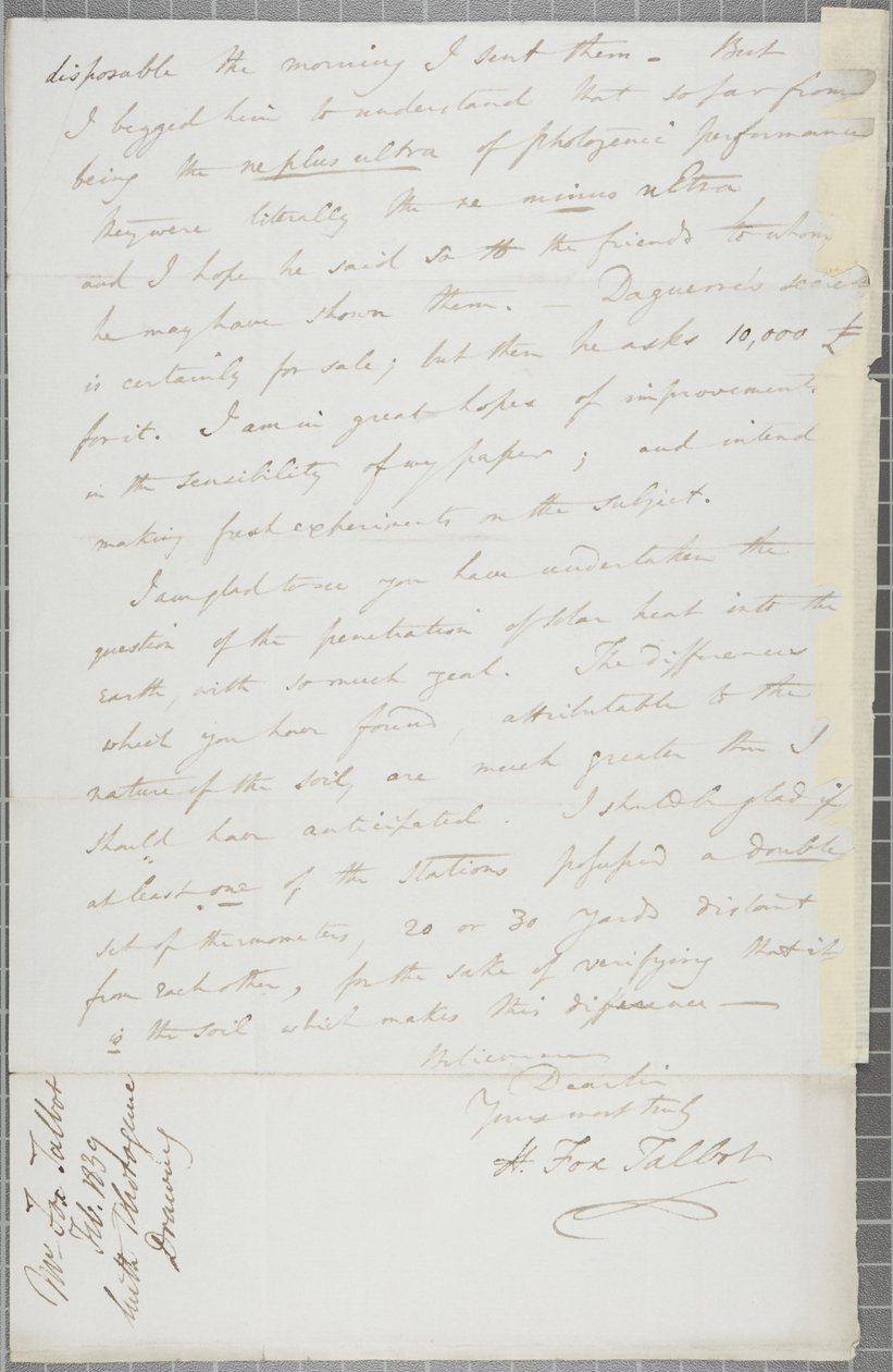 Underskrevet brev fra William Henry Fox Talbot til James David Forbes, 1839 af William Henry Fox Talbot