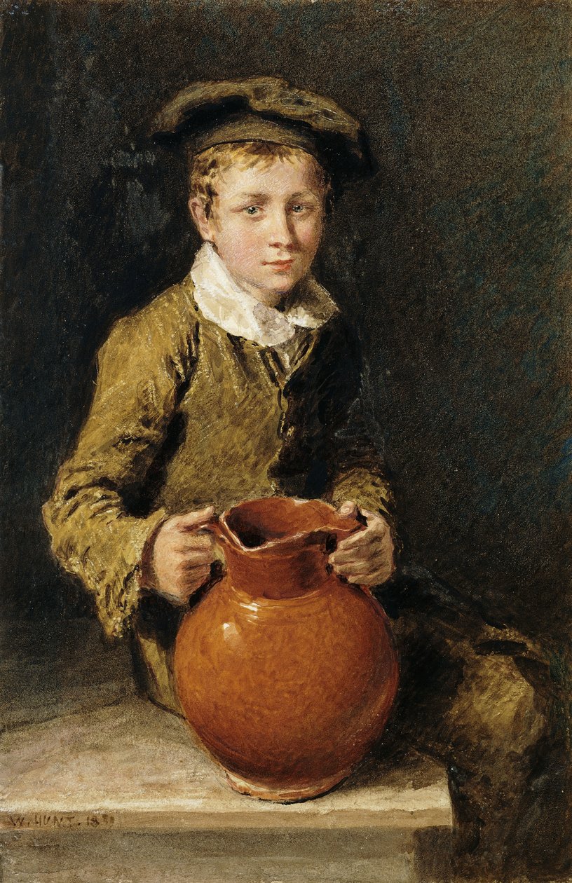 En dreng siddende på en bænk med en kande, 1839 af William Henry Hunt