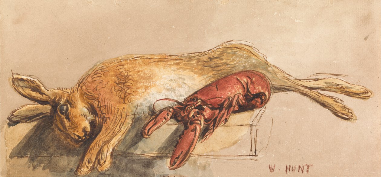 En død hare og en kogt hummer på en bænk af William Henry Hunt