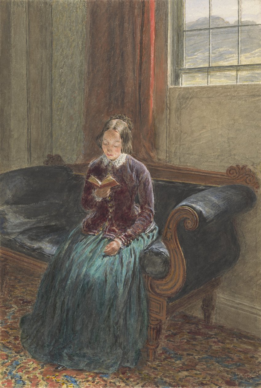 A Lady Reading, kaldet Mrs William Hunt, ca. 1835 (gouache og wc over grafit på papir) af William Henry Hunt