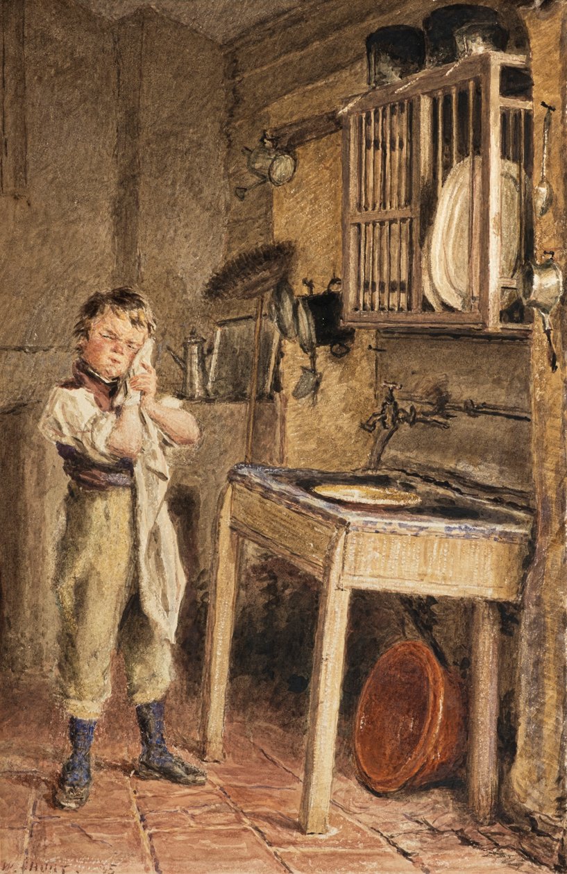 En ung dreng vasker sig ved køkkenvasken (akvarel) af William Henry Hunt