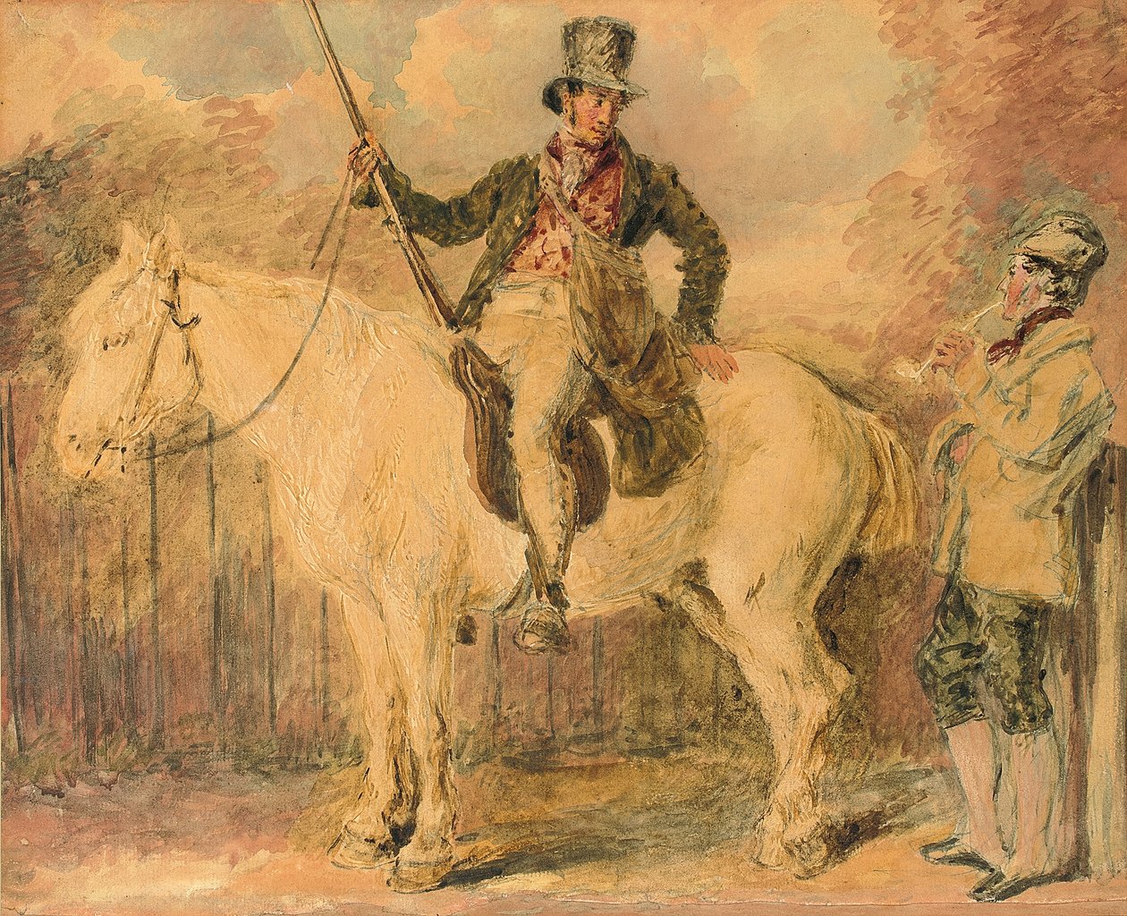En jagtmand på en hest og en anden mand i samtale af William Henry Hunt