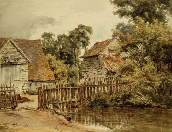 Gård med dam (akvarel på papir) af William Henry Hunt