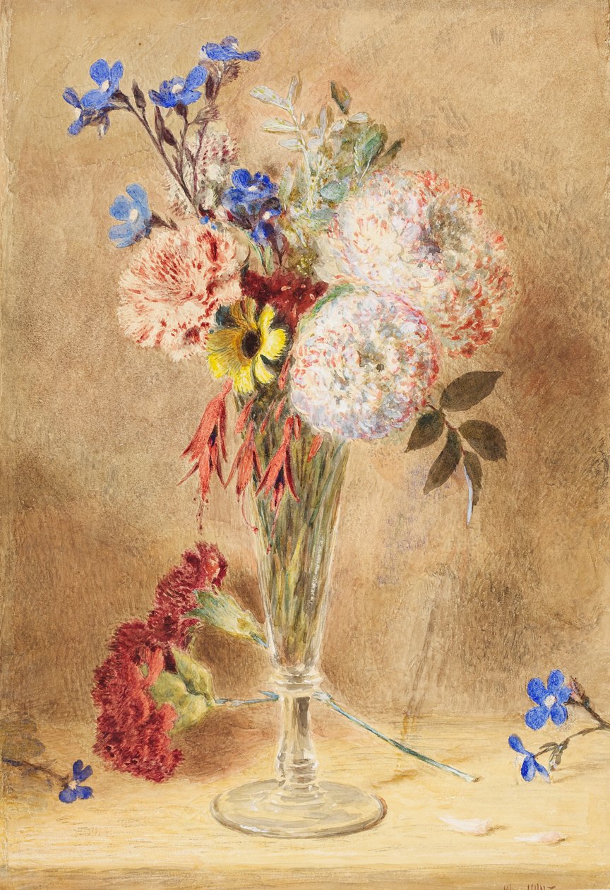 Blomster i en glasvase (wc på kort) af William Henry Hunt