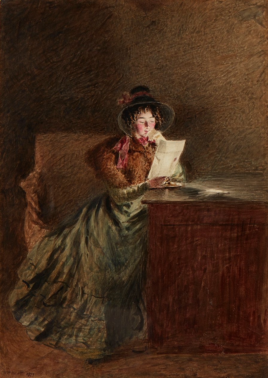 Pige læser et brev med lampelys (akvarel og blyant) af William Henry Hunt