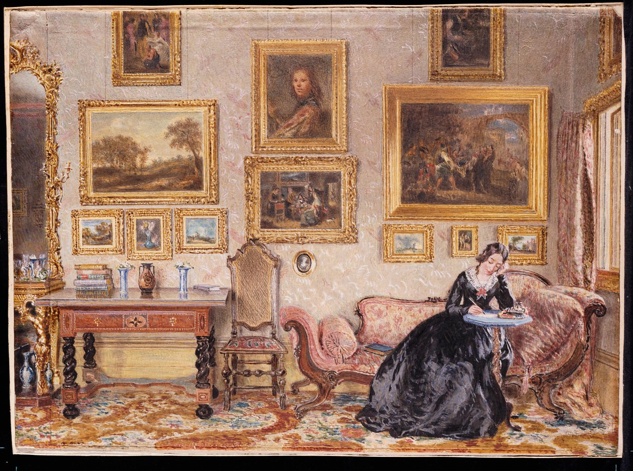 Interiør af en tegnestue med en dame ved hendes skrivebord af William Henry Hunt