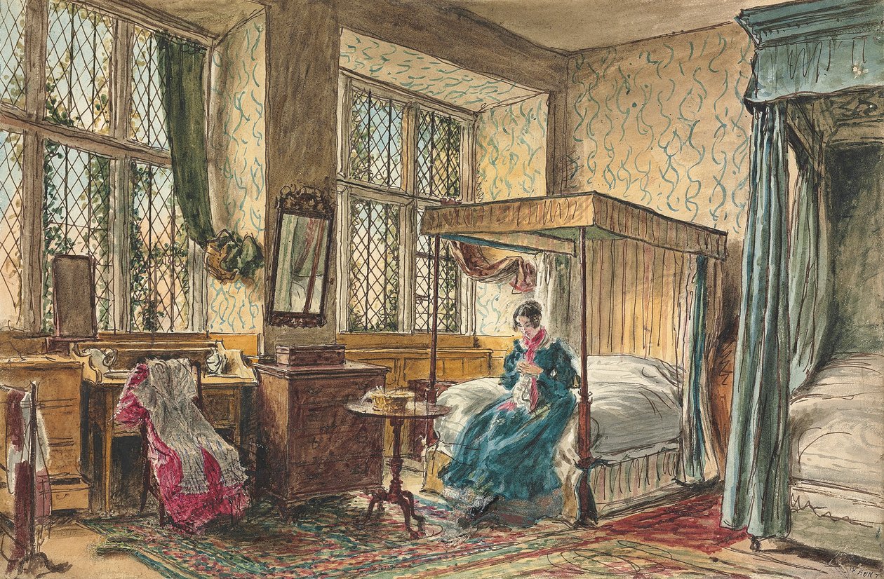 Miss Moore syr i sit soveværelse, Hardwick Hall, Derbyshire af William Henry Hunt