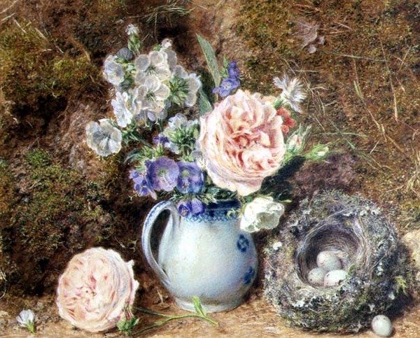 Stilleben af blomster og rede af William Henry Hunt