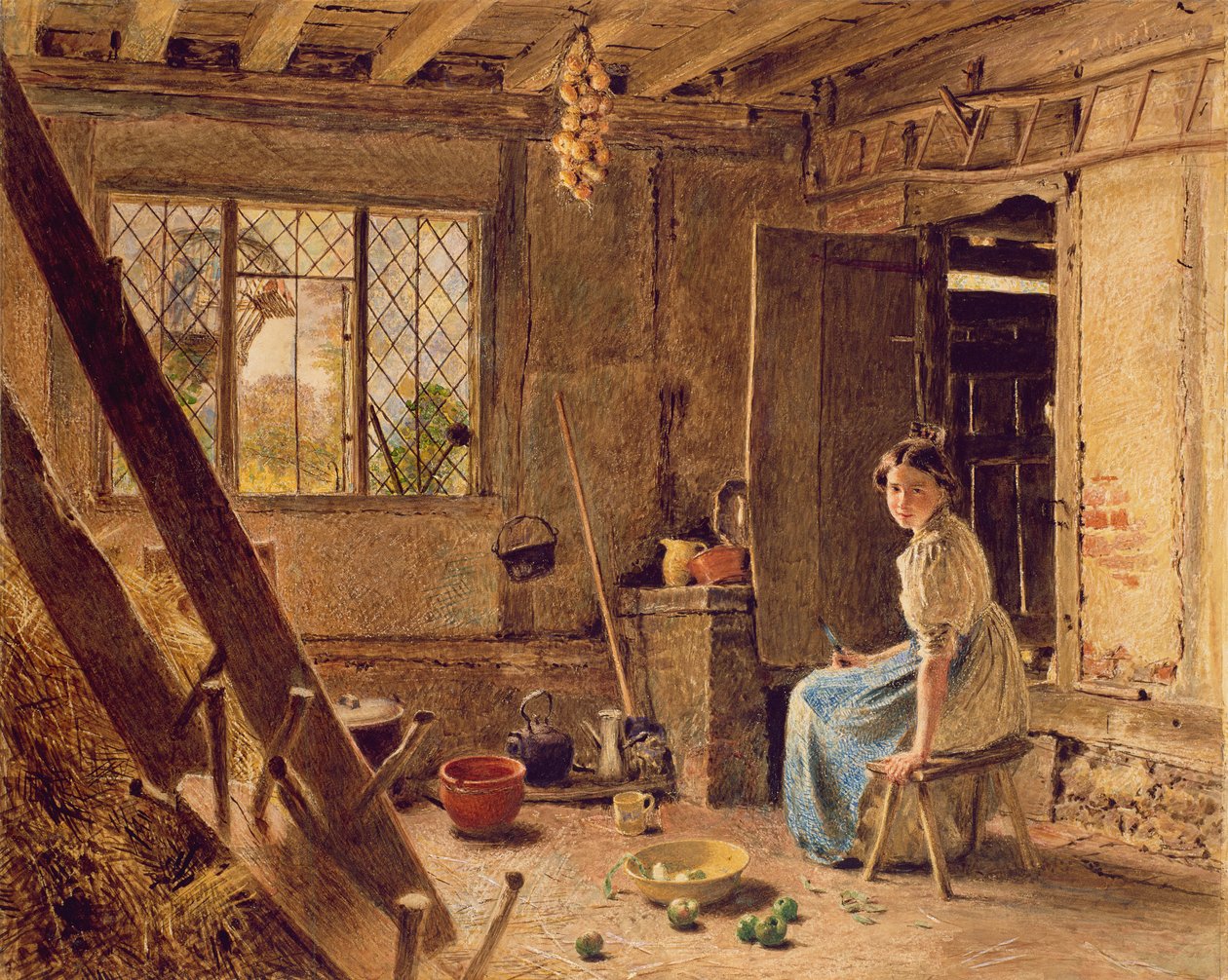 Jomfruen og elverdatteren, et sommerhusinteriør i Shillington, Bedfordshire, 1834 (hvidt fremhævet med hvidt på papir) af William Henry Hunt