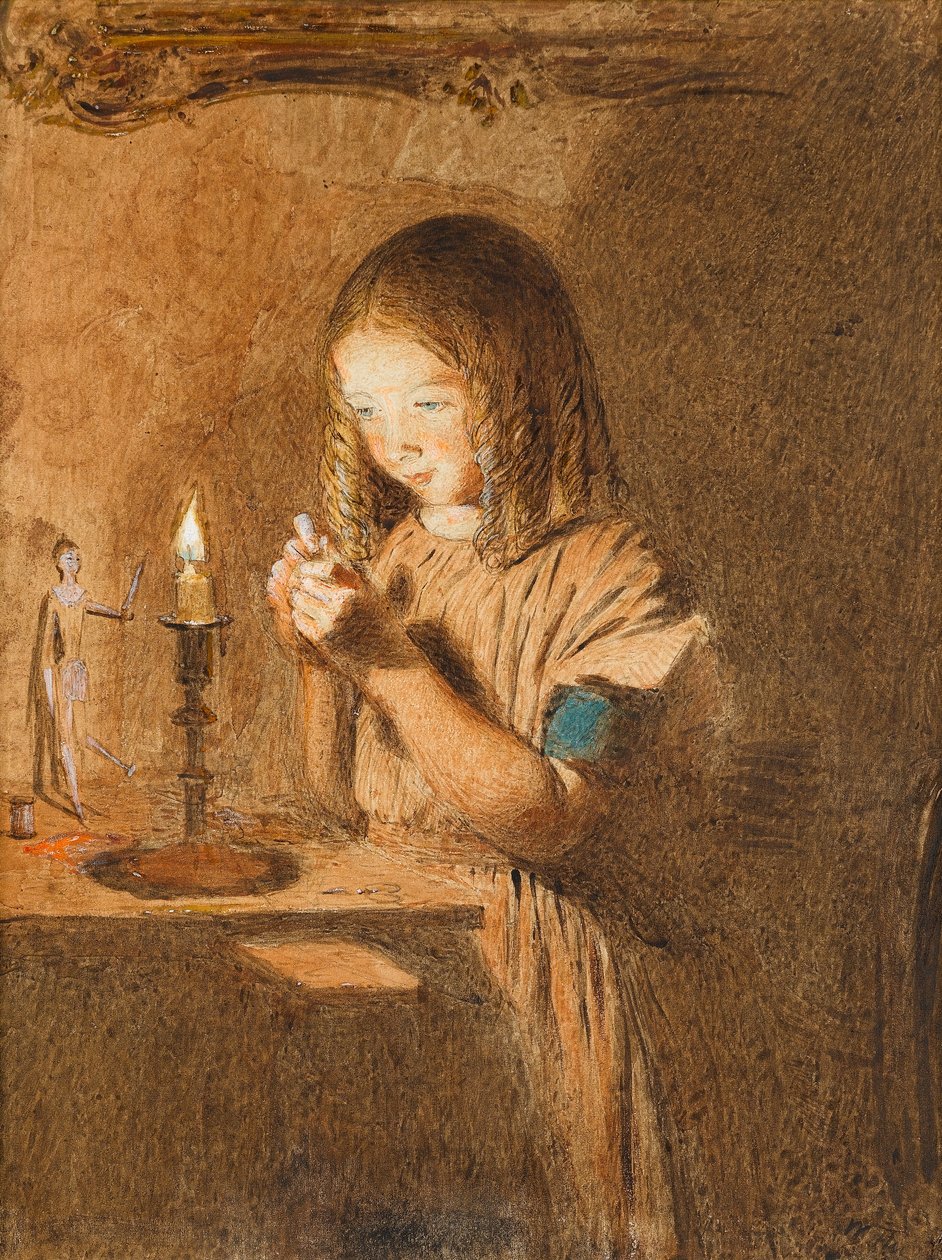 Threading a Needle: The Young Seamtress, ca. 1845 (wc på papir) af William Henry Hunt