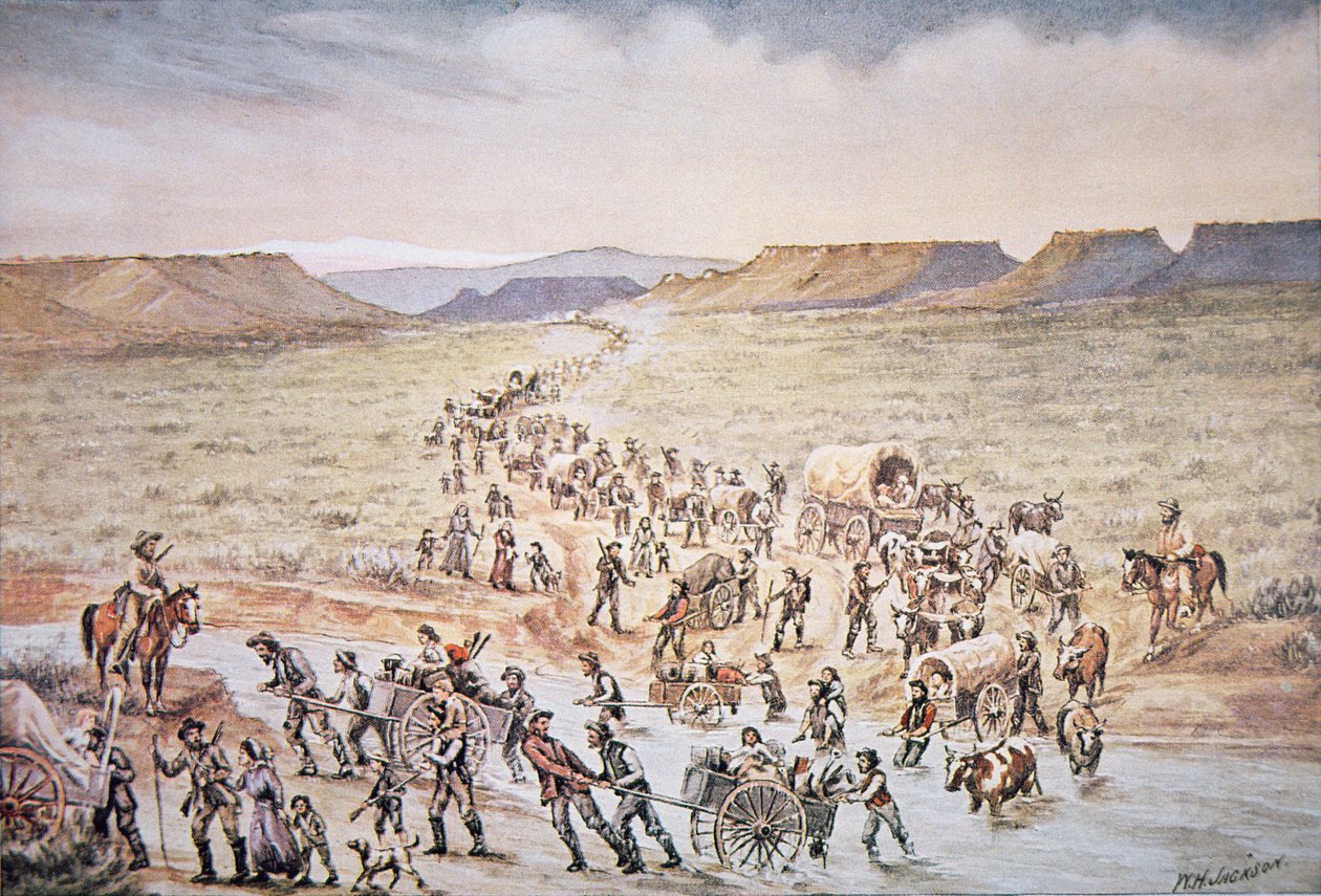 Mormonske håndkærrepionerer på vej mod vest til Utah i 1850 (farve litho) af William Henry Jackson