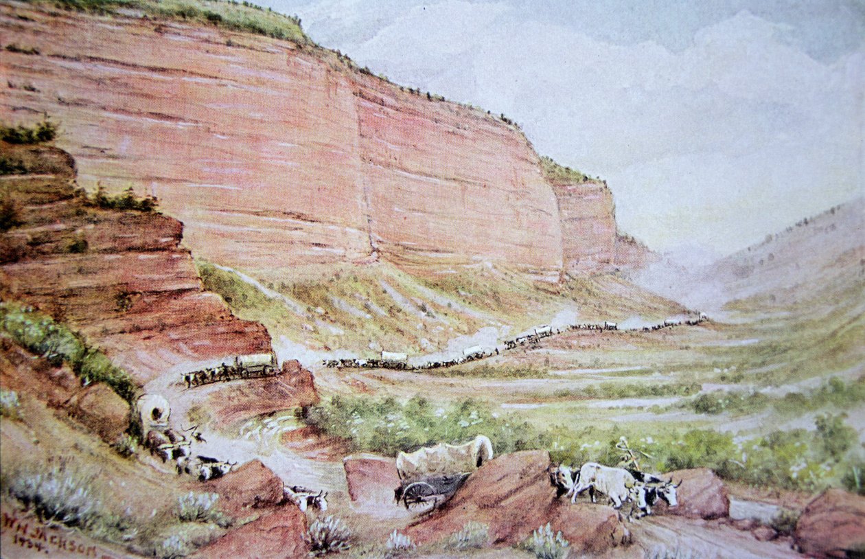 Mormonvogntog, der passerer gennem Echo Canyon, øst for Salt Lake City, Utah (farve litho) af William Henry Jackson
