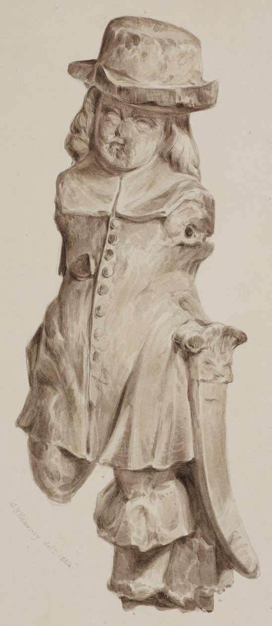 Udskåret figur i eg, på et tidspunkt i døren til huset bygget på stedet for Boars Head Tavern, Eastcheap, 1834 (vask på papir) af William Henry Kearney