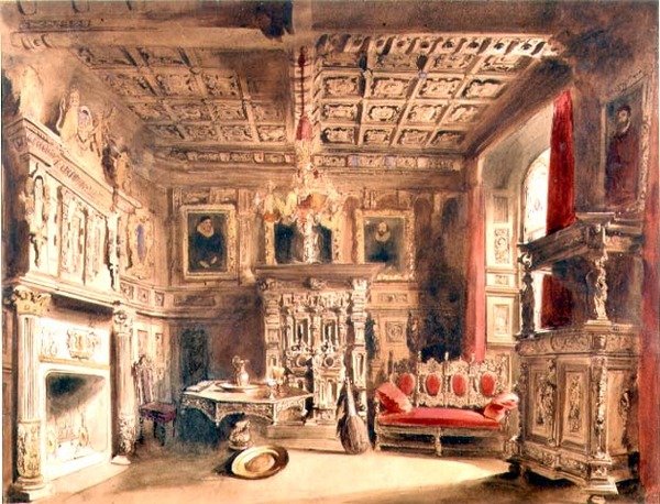 Et Tudor-interiør (brunt blæk og akvarel på papir) af William Henry Lake Price