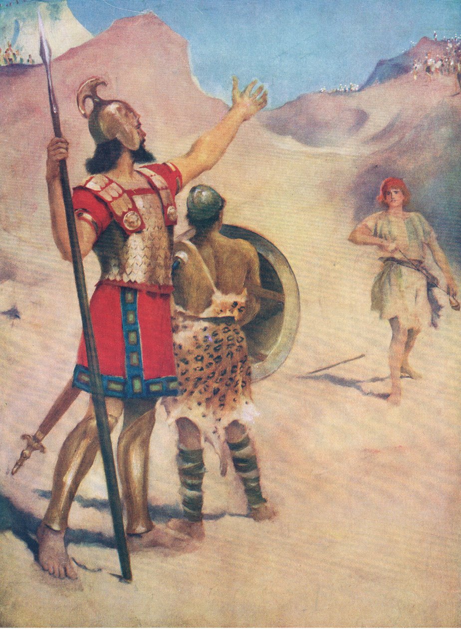 David og Goliath, fra Bibelens billedbog udgivet af Thomas Nelson, ca. 1950 af William Henry Margetson