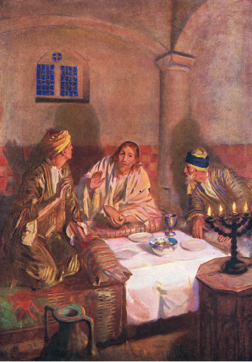 Aften ved Emmaus, fra Bibelens billedbog udgivet af Thomas Nelson, ca. 1950 af William Henry Margetson
