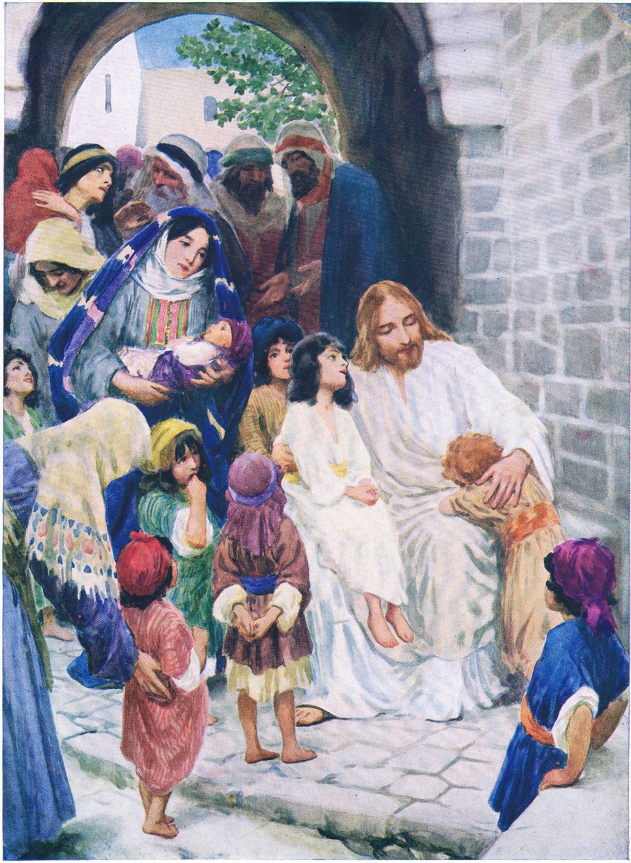 Jesus og børnene, fra Bibelens billedbog udgivet af Thomas Nelson, ca. 1950 af William Henry Margetson