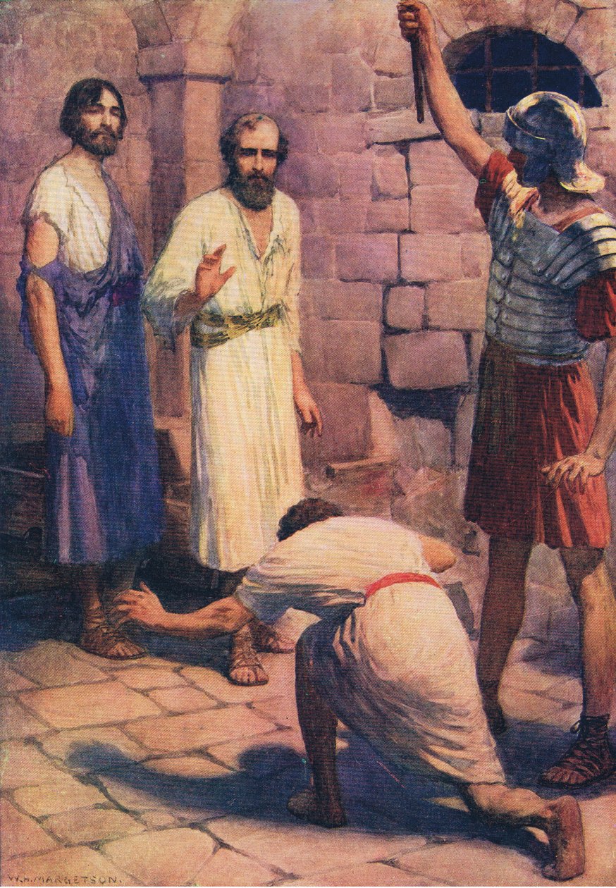 Paul og Silas i fængsel, fra Bibelens billedbog udgivet af Thomas Nelson, ca. 1950 af William Henry Margetson