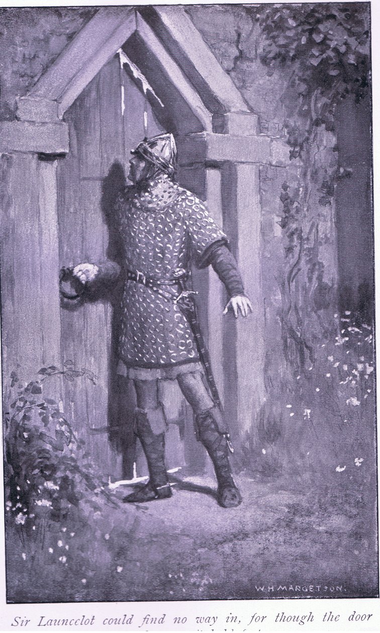 Sir Launcelot kunne ikke finde nogen vej ind, for selv om døren var gammel og slidt, holdt den fast. af William Henry Margetson