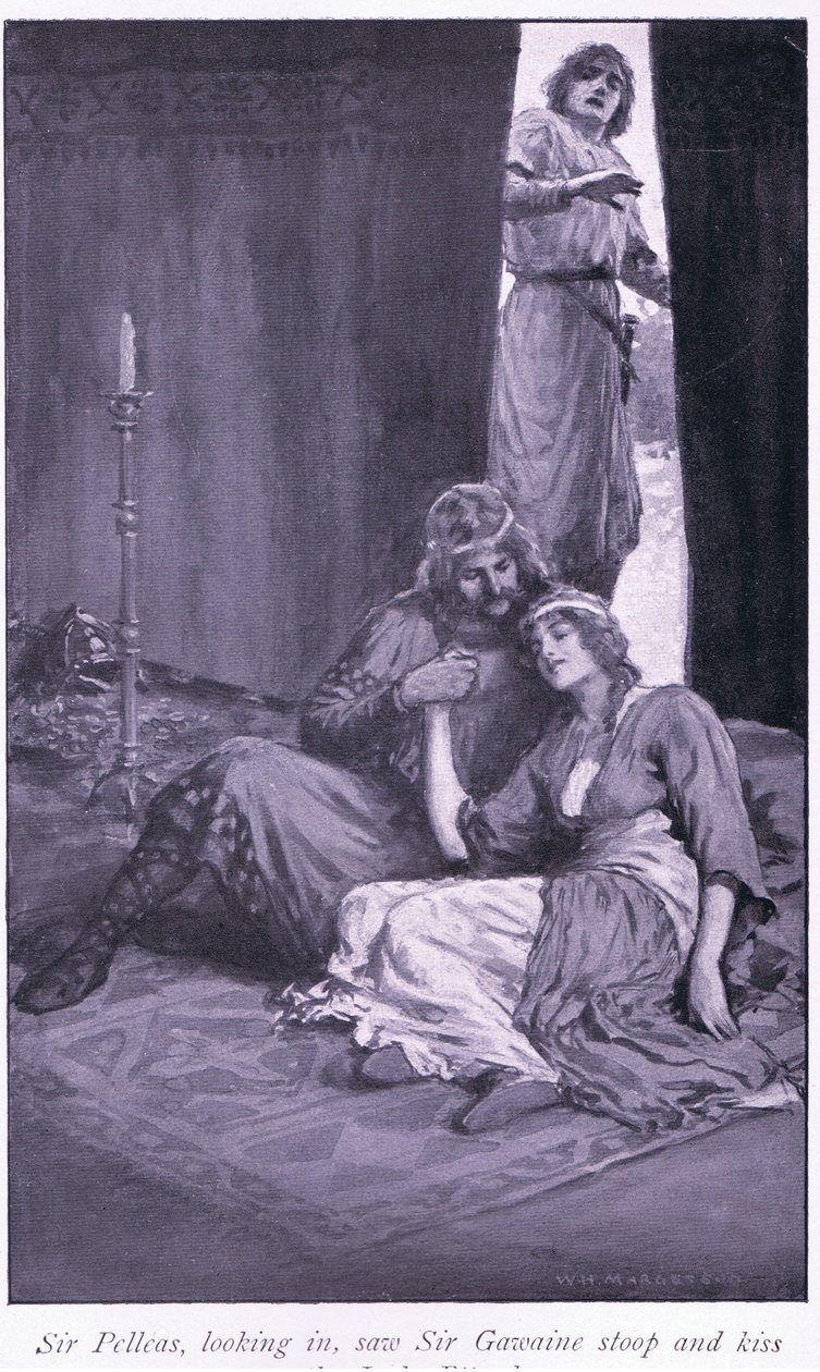 Sir Pelleas, der kiggede ind, så Sir Gawaine bøje sig ned og kysse lady Ettard. af William Henry Margetson