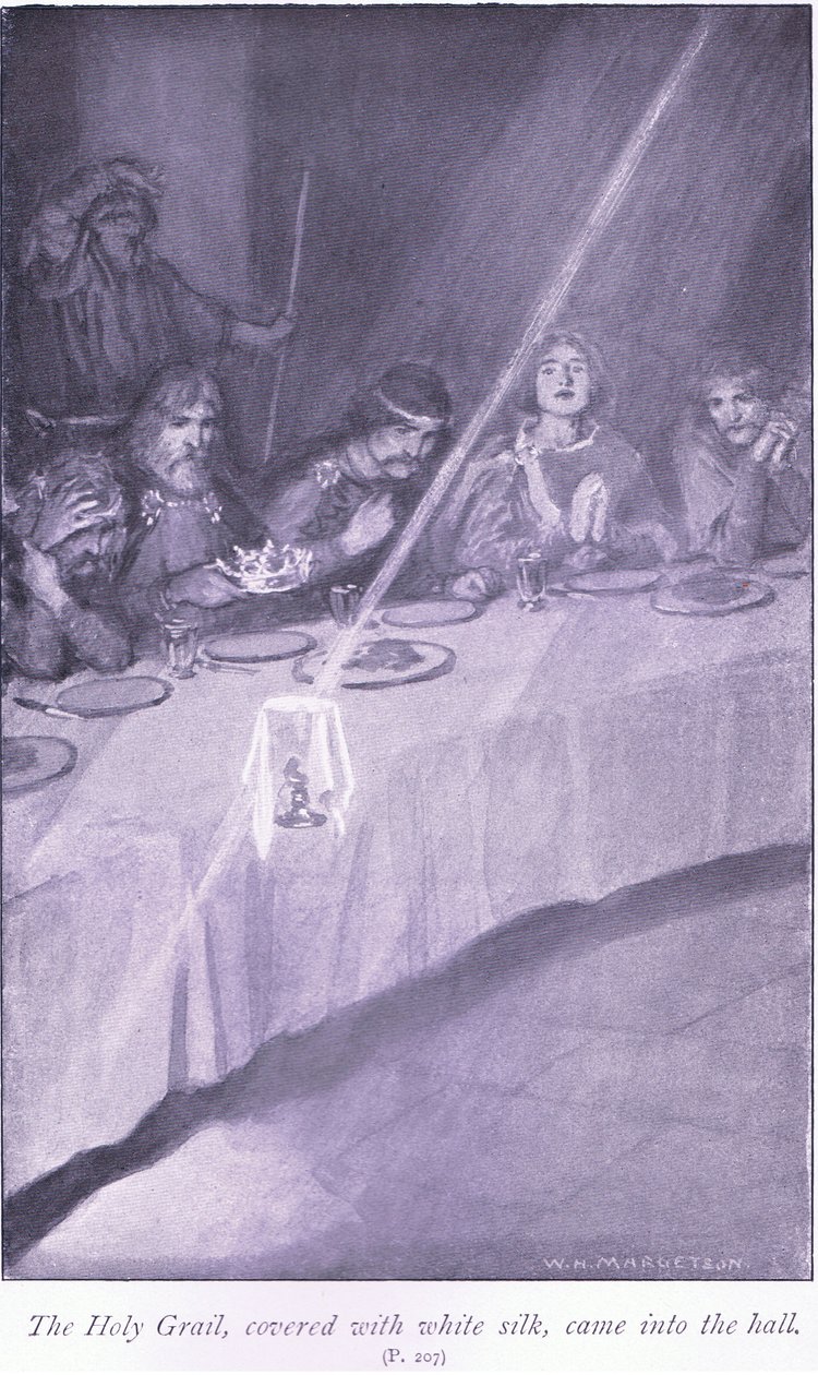 Den hellige gral, dækket med hvid silke, kom ind i salen af William Henry Margetson