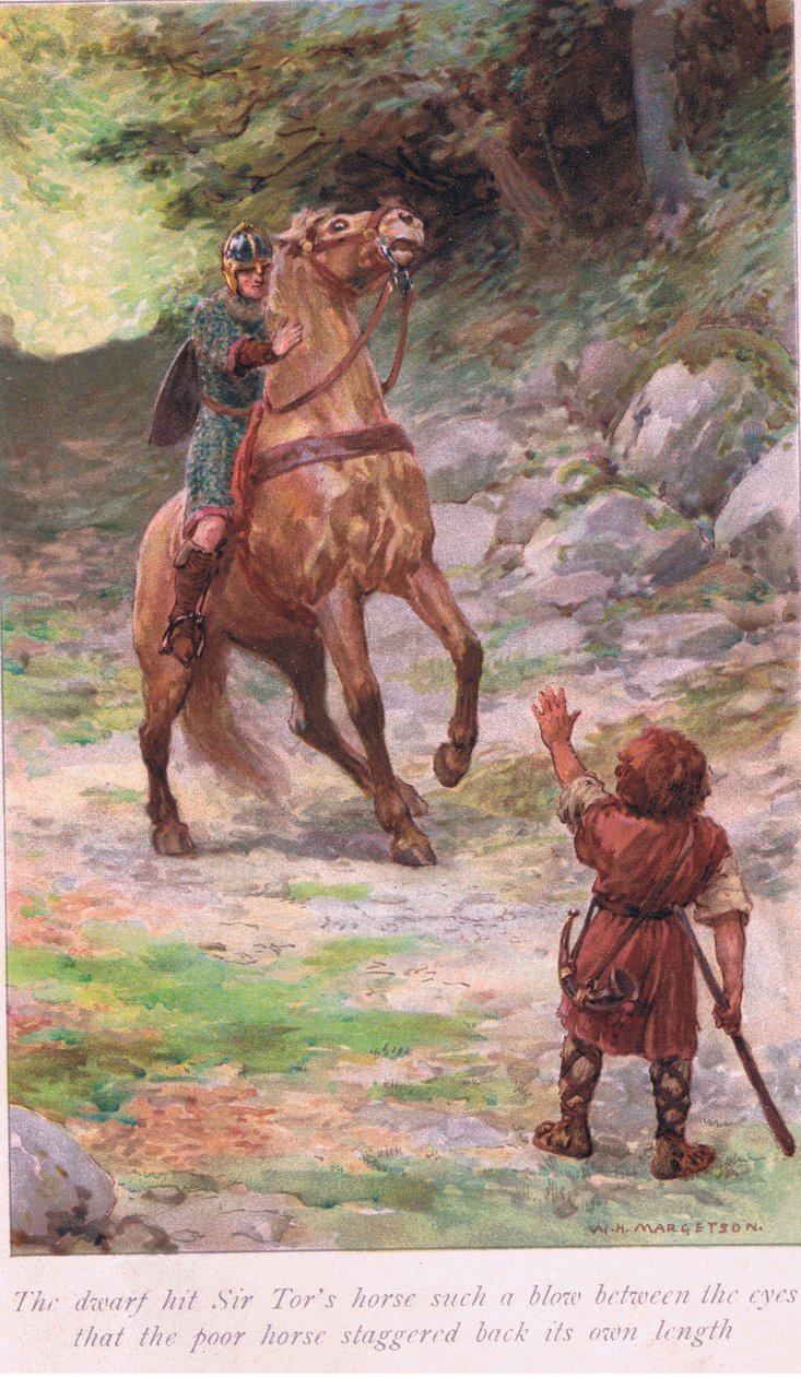 Dværgen ramte Sir Tors hest med et sådant slag mellem øjnene, at den stakkels hest vaklede tilbage i sin egen længde. af William Henry Margetson