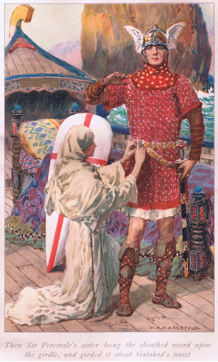 Så hængte Sir Percivales søster det beklædte sværd på bæltet og spændte det om Galahads talje af William Henry Margetson