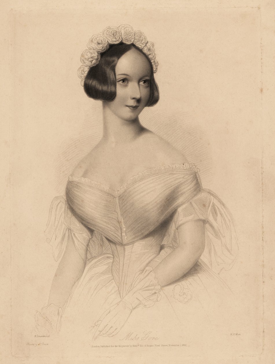 Frøken Gore. I off-the-shoulder kjole med stram talje, hår dekoreret med en krans af roser. Stålstiftsgravering af William Henry Mote efter en illustration af William Drummond fra Charles Heath