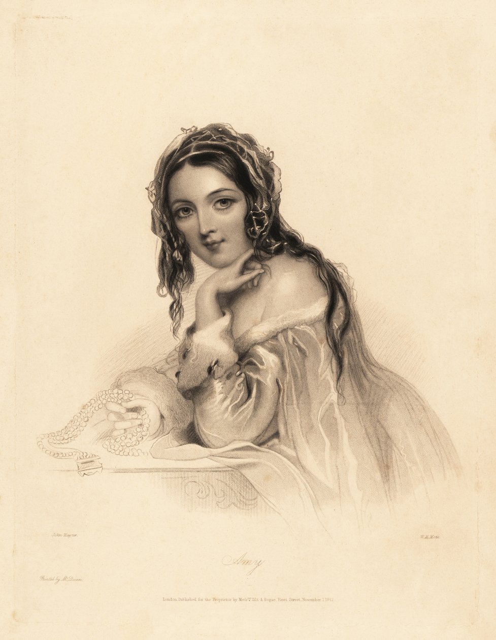 Portræt af Amy. Skønhed iført et slør over langt hår, hermelin-trimmet off-the-shoulder kjole, holder en perlekæde. Stålstiftsgravering af William Henry Mote efter en illustration af John Hayter fra Charles Heath