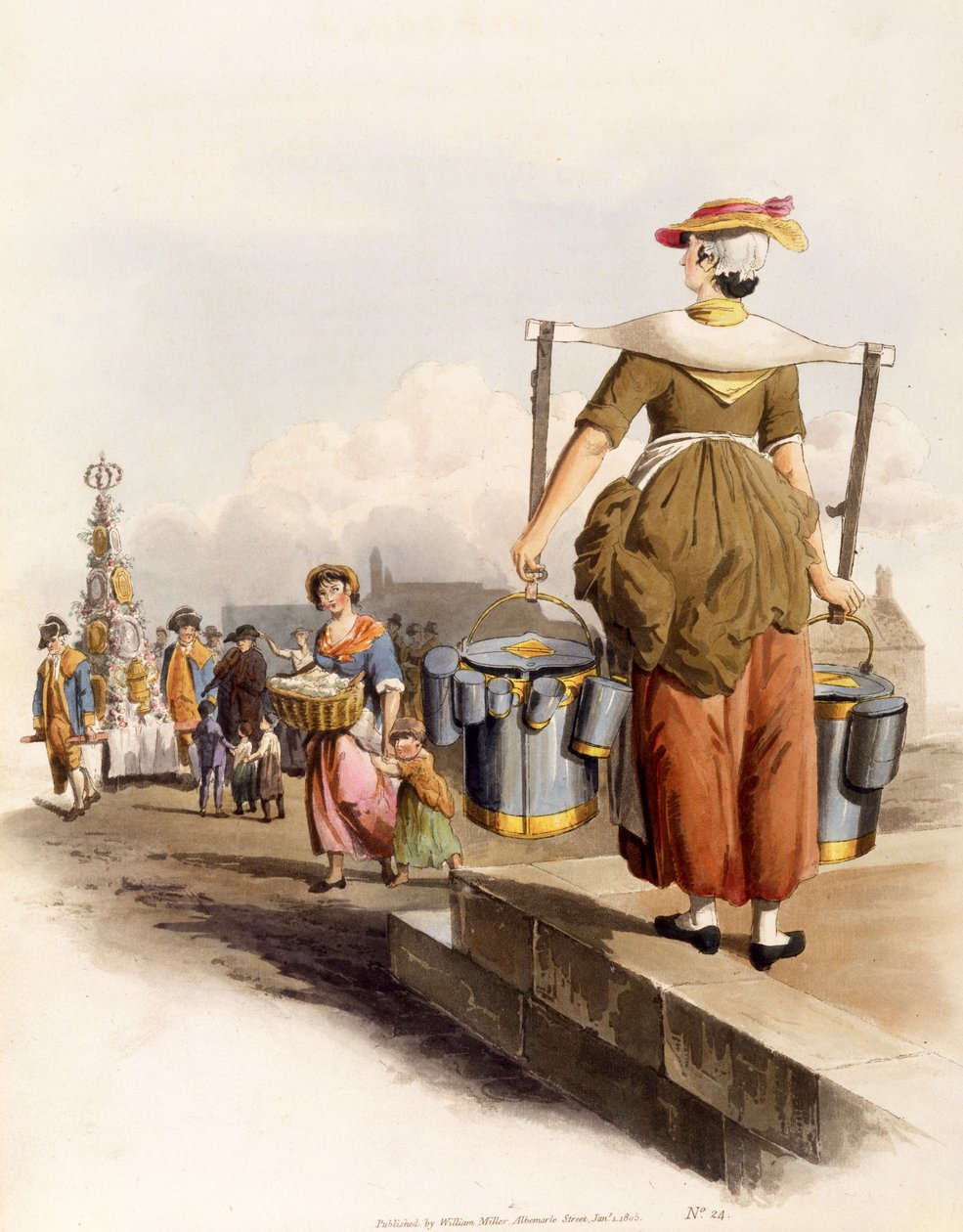 A Milkmaid, fra The Costumes of Great Britain, pub. Af Henry Miller, 1805 (håndfarvet tryk) af William Henry Pyne